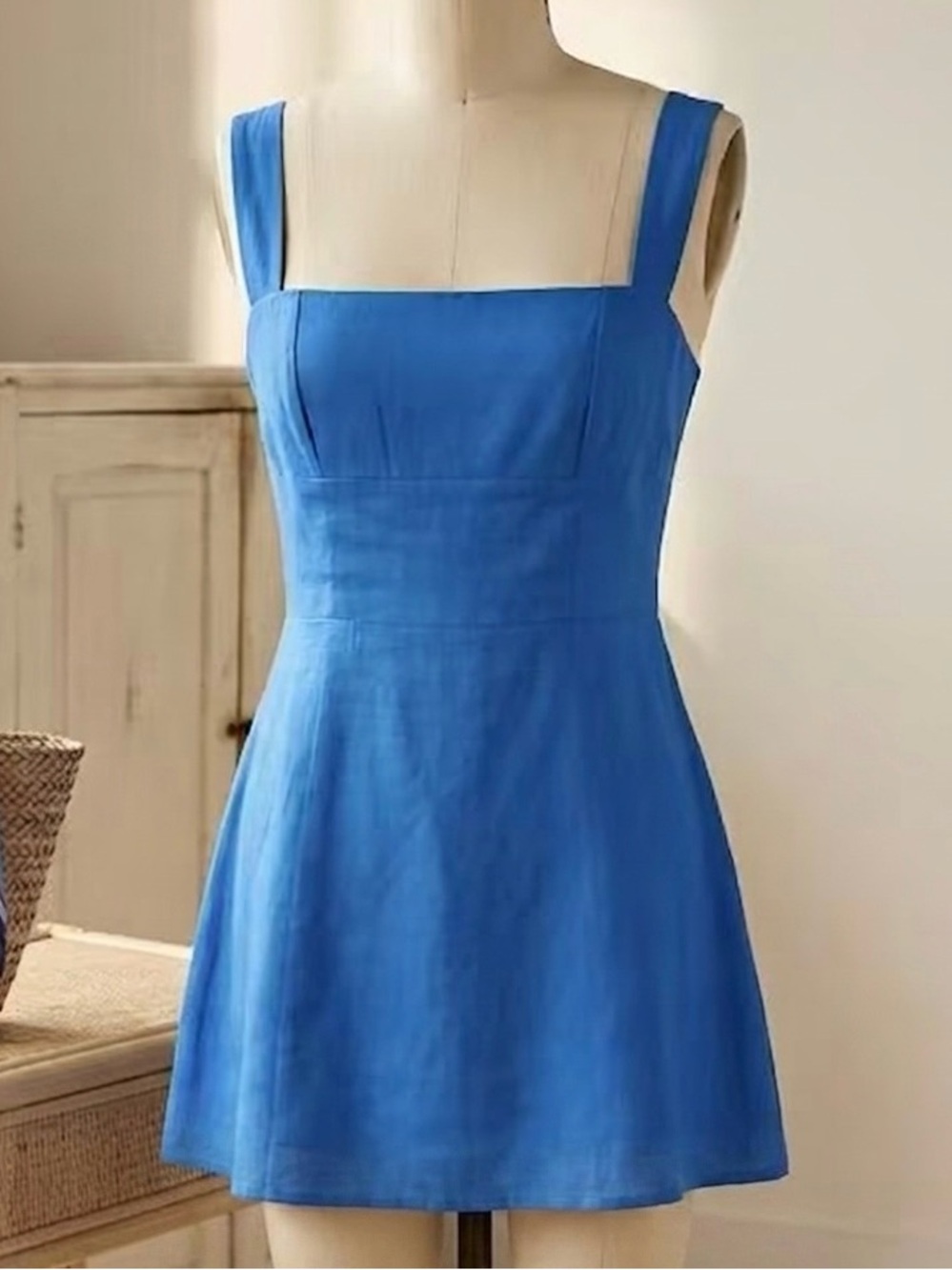 Billy J Cobalt Blue Linen Square Neck Mini Dress NWT Euro Summer Clean Girl sz8